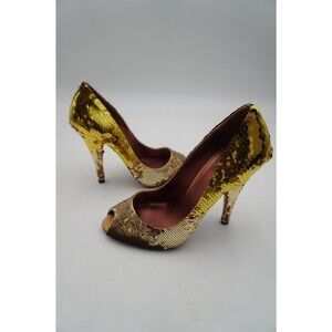 MIU MIU Gradient Metallic Ombre Gold Sequin Peep-Toe Pumps Curve Heel Sz 39/8.5